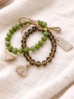 J.Jill Beaded Bracelet Set Green Glass Crystal Tassel Stretch Stack NWT Boho